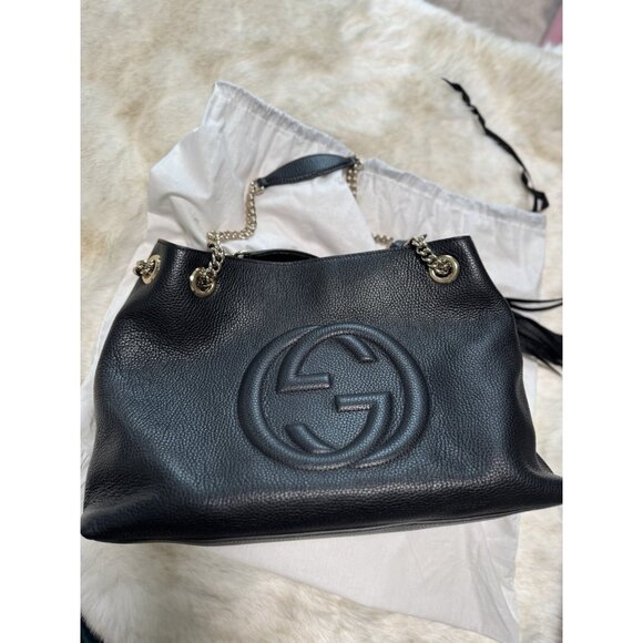 Gucci Soho Handbag Black Leather Tassel Double Chain Medium Shoulder Bag Purse - Picture 1 of 11